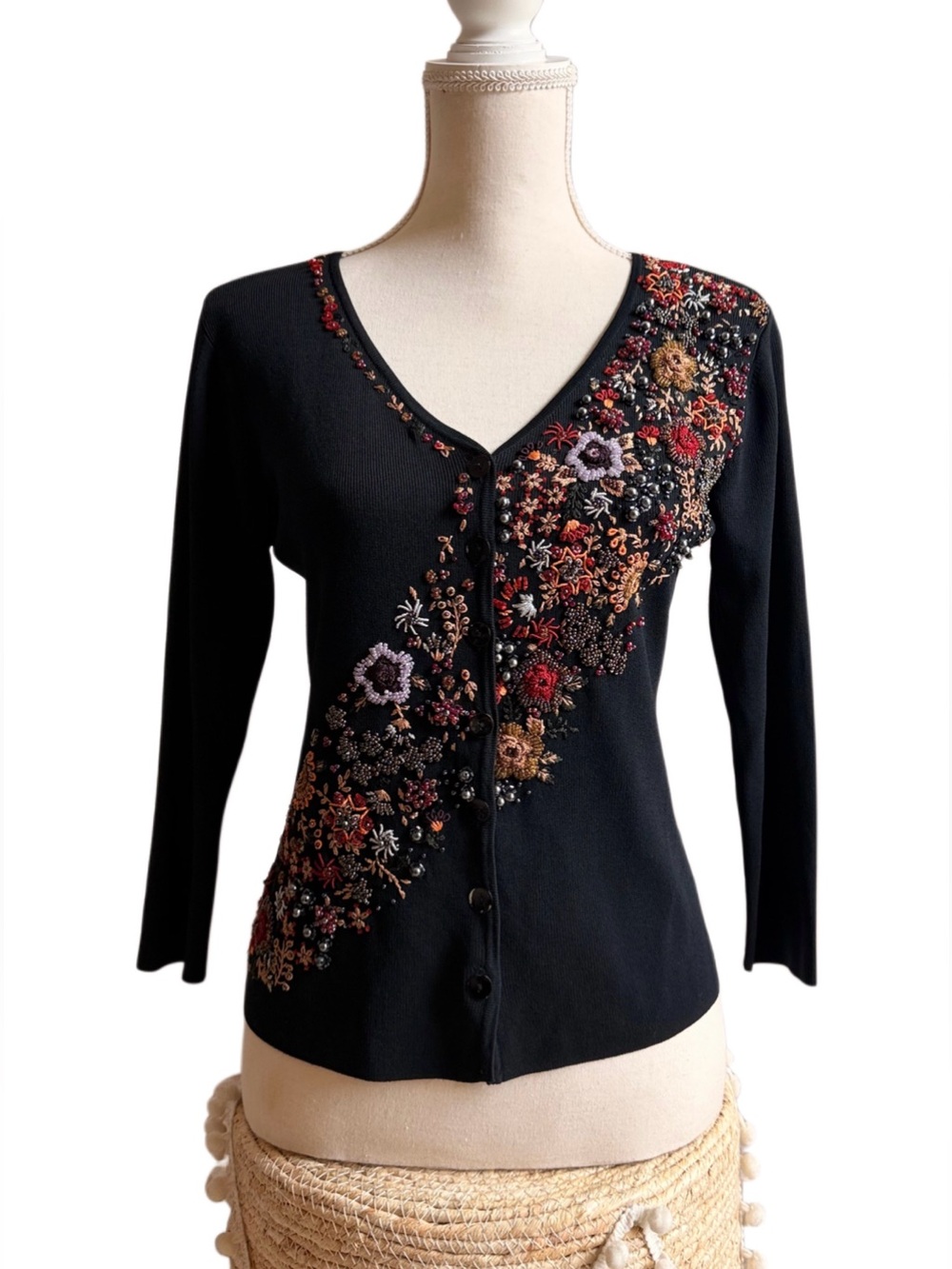 Vintage 90s Black Floral Beadwork V-Neck Button Cardigan